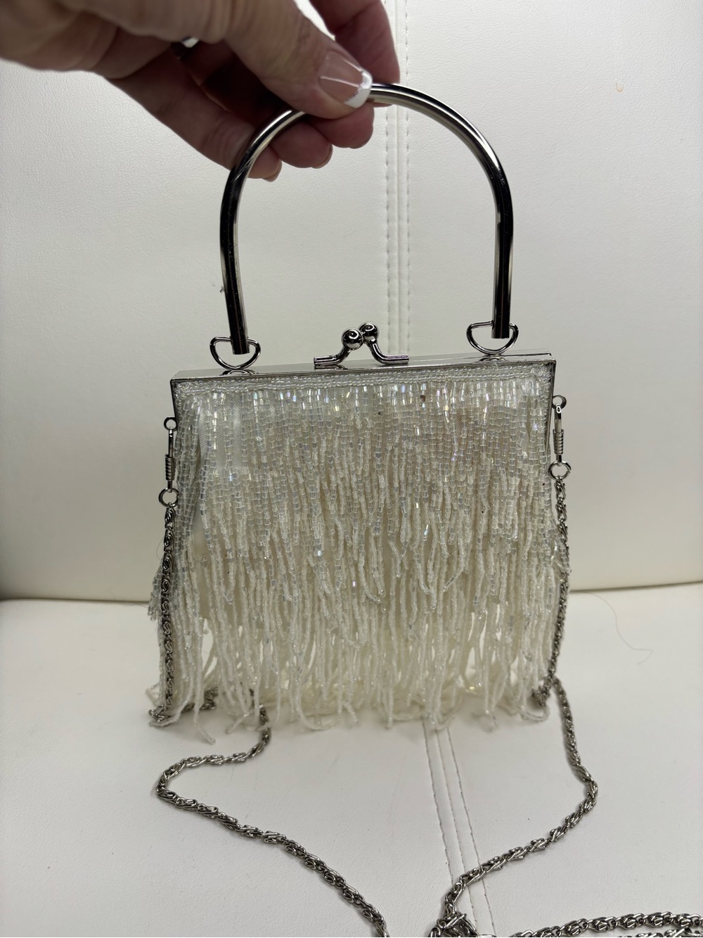 Beaded Fringe Evening Handbag in Ivory with Silver Hardware